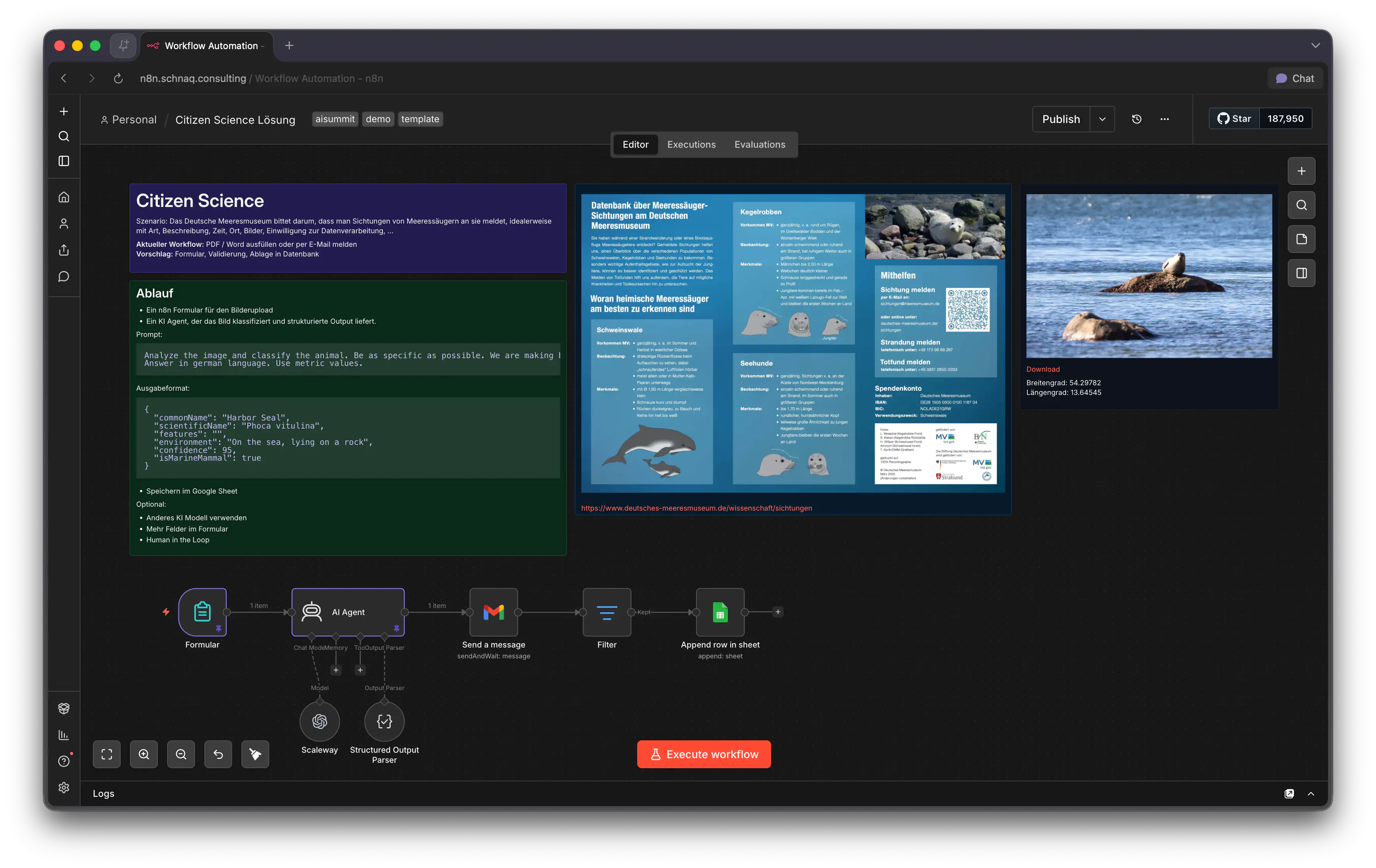 Screenshot der n8n-Editor-Oberfläche mit verbundenen Workflow-Nodes – so sieht ein Workflow aus, wie er im Workshop entsteht.