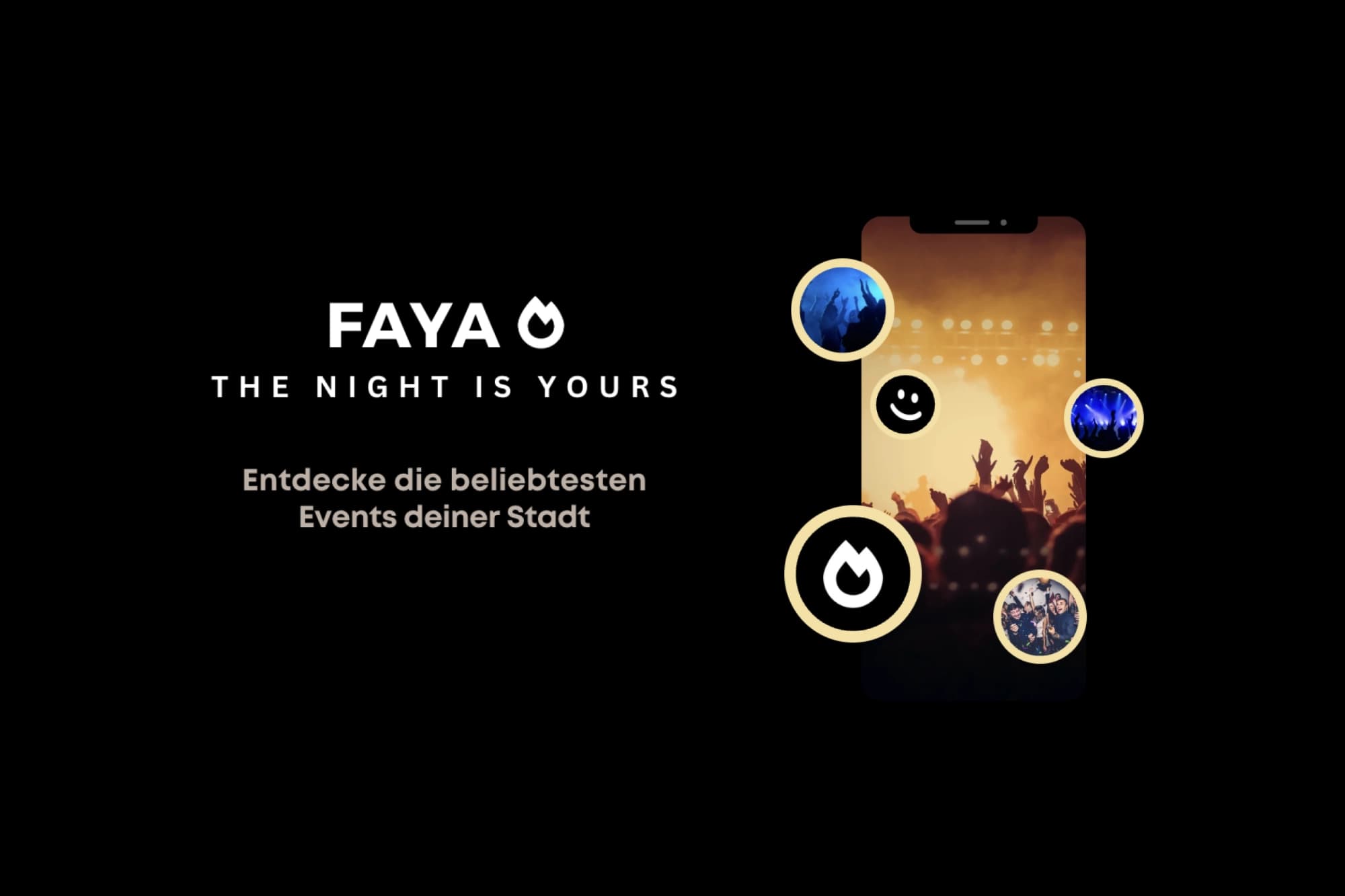 FAYA – Flutter-App fürs Kölner Nachtleben: Marken-Visual der Party-App, die Events in Köln und Umgebung bündelt.