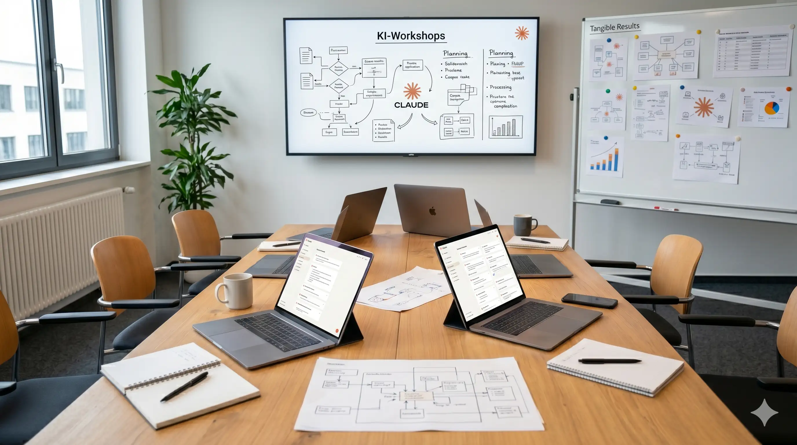 KI-generiertes Aufmacherbild zu unseren KI-Workshops im Claude-Ökosystem — symbolisiert die Verbindung aus Team-Befähigung und praktischer Arbeit mit modernen KI-Werkzeugen.