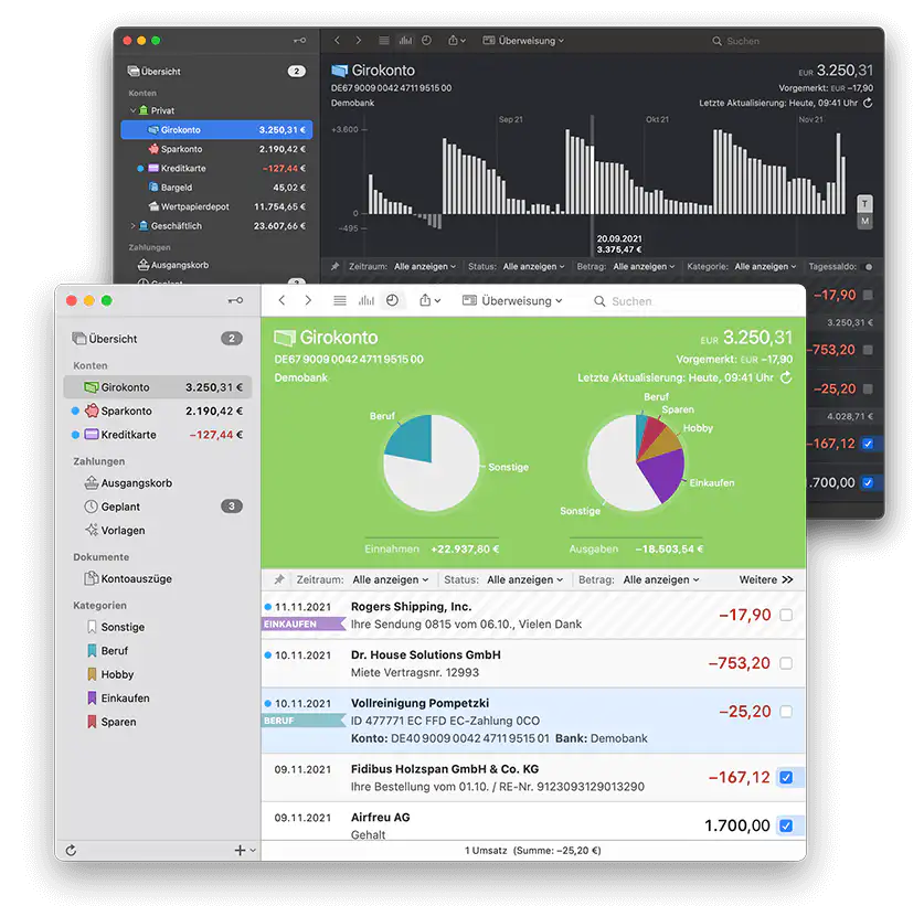 MoneyMoney – macOS-Finanzverwaltungs-App in Aktion: lokale Kontenübersicht und Auswertung, die ohne Cloud-Aggregation auf dem Mac läuft.