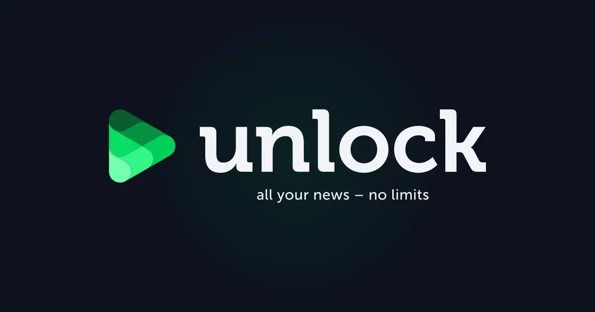 unlock-Markenvisual: grünes Play-Dreieck-Logo neben dem Schriftzug »unlock« und dem Claim »all your news – no limits« auf dunklem Hintergrund.
