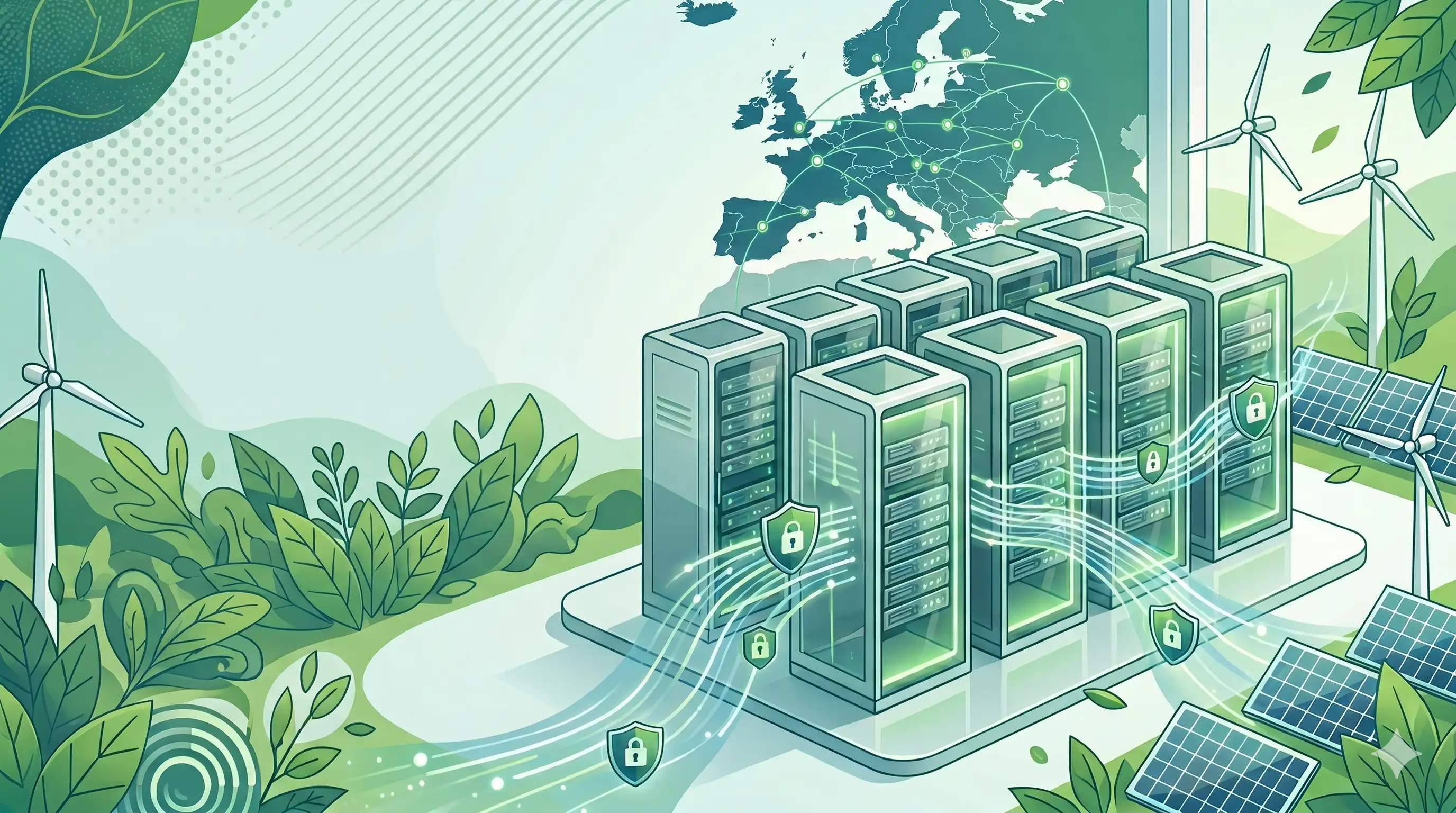 KI-generiertes Aufmacherbild zum Hosting-Angebot: Websites und Webanwendungen, betrieben in europäischer, energiebewusster Infrastruktur.