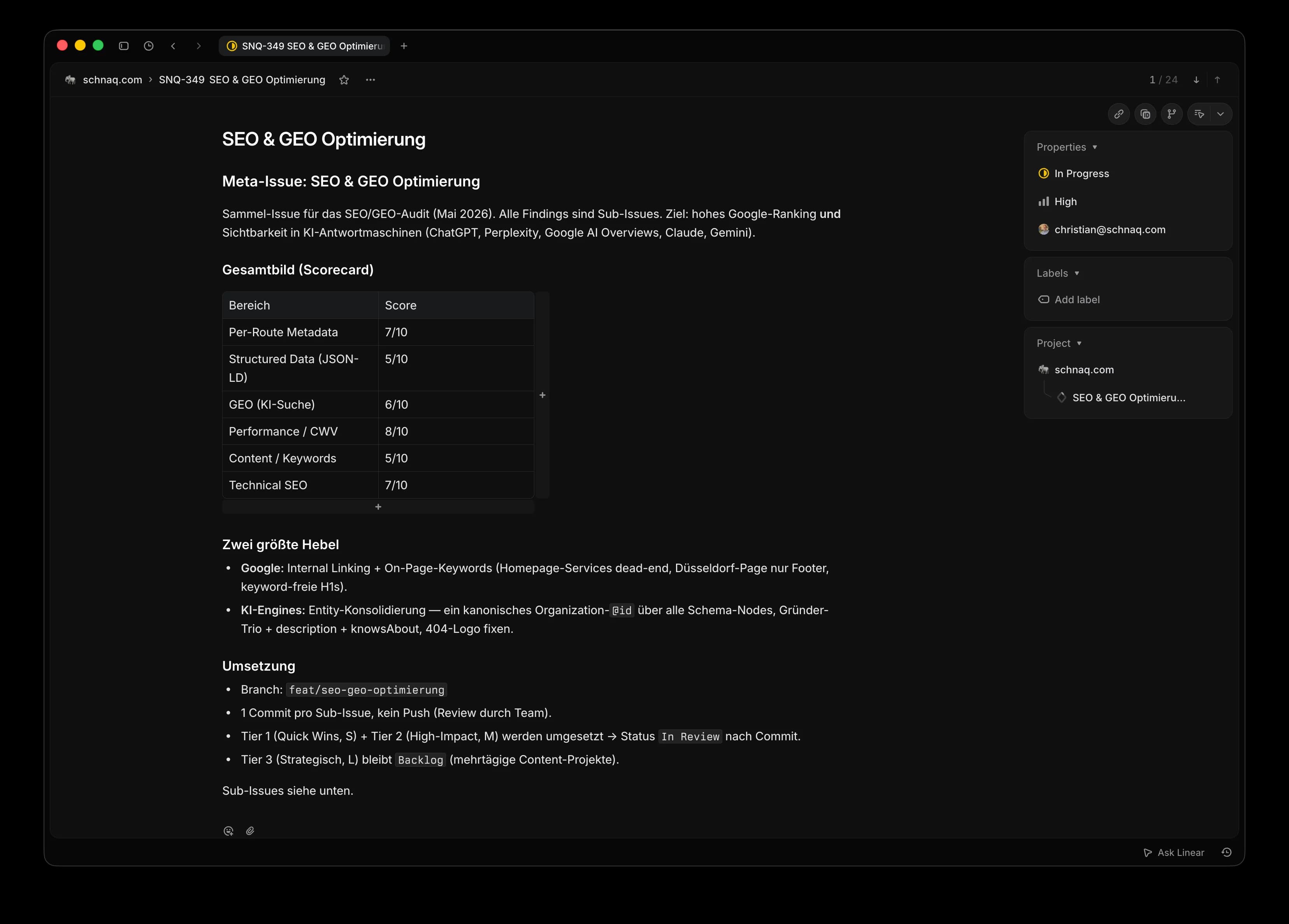 Linear-Meta-Issue für die SEO- und GEO-Optimierung mit Scorecard und Umsetzungsplan.