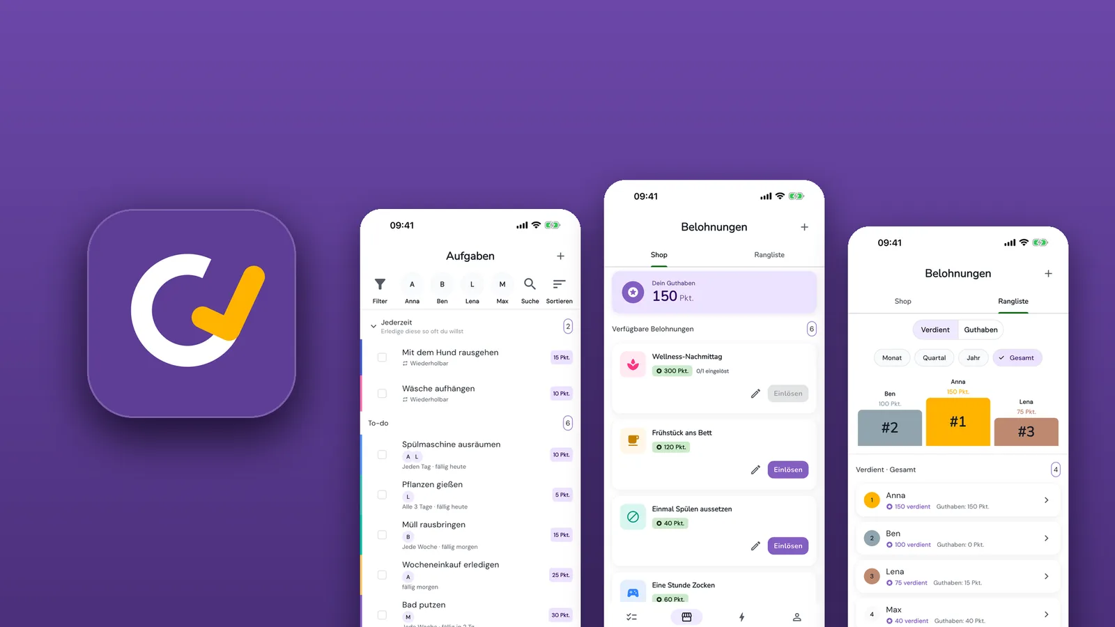 The GYST app icon next to three iPhone screens of the app: chore list, reward shop and rankings.